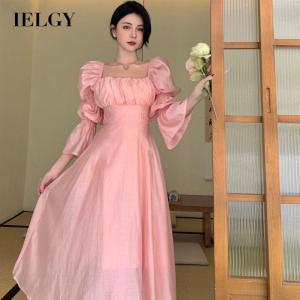 IELGY Đầm Dài Tay Lưng Đẹp Kiểu Dáng Chữ A Cà Vạt Cổ Vuông Kiểu Pháp Cho Nữ