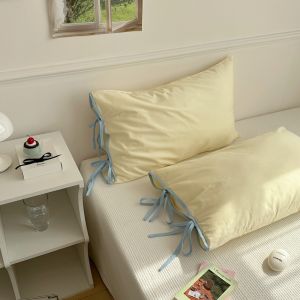 New pure cotton strap style ins style pillowcase Cute solid color bow all cotton pillowcase size:48x74cm