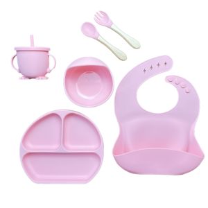 【COD】5PCS Set Baby Silicone Dining Set Suction Plate Silicone Bib Bowl Food Grade Training Dining Tableware Baby Feeding Curve Bowl Set