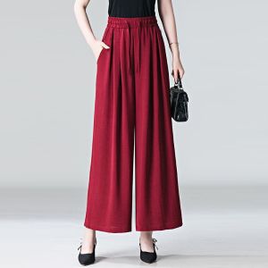 Womens Elastic Drawstring High Waist Wide Leg Palazzo Pants Lightweight Textured Flowy Loose Long Trousers with Side Pockets