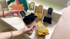 [Free Shipping] New Summer Simple Bowknot Slide Sandals for Women Outdoor Wear Wedge Heel Thick Sole Casual Versatile Straw Beach Sandals
