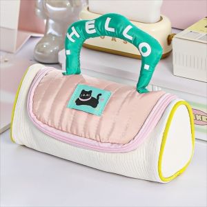TSEVD Multifunctional Colorblock Kitten Pencil Case Candy Color Large Capacity Handheld Makeup Bag Cute Aesthetic Cat Pencil Pouch Children