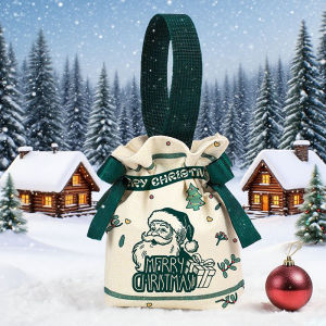 [Habilulu] Christmas Canvas Drawstring Bag Christmas Candy Gift Packaging Bag Cartoon Handbag For Apple DIY New Year Xmas Home Party Supply