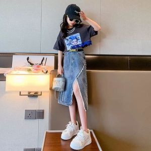 Setelan Anak Perempuan Import Size Tanggung Crop Renda Girl Lucu Rok Jeans Renda Samping Kekinian