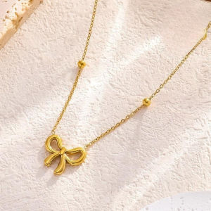 Gold Bow Tie Necklace/bracelet/ear stud for Women Hypoallergenic Titanium Vintage Dainty Gift