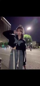 【COD & Ready Stock】HOT SALE butterfly print womens jacket Polo collar long sleeves double opening zipper casual korean style Y2k top㏇X0412