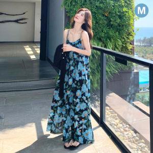FASHLOVER Blue Floral Sleeveless Dress High-end Suspender Seaside Long Dress Women Vacation