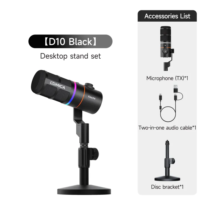 COMICA Ejoy D10 PRO RGB Cardioid Dynamic Wireless Microphone, USB-C/XLR Dual Mode Desktop Microphone, Gaming Microphone for Phone, PC, Audio Interface,Live