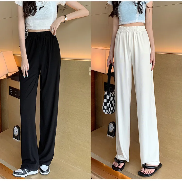 N/A Black Ice Silk Wide Leg Pants Women's High Waist Drape Mopping