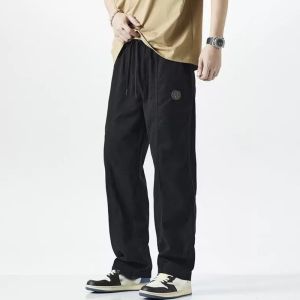 Mens Relaxed Fit Cargo Pants Straight Leg Cotton Fabric Elastic Drawstring Waist for Everyday Casual Wear