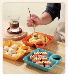 B.LIVEM จาน จานใส่อาหาร จานมีช่องน้ำจิ้ม จานหลุมน้ำจิ้ม จานหลายสี ถาดใส่อาหาร จานสี่เหลี่ยม จานใส่เกี๊ยว จานพลาสติก