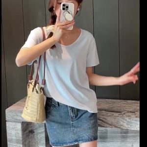 2025新款宽松V领正肩短袖t恤女夏季大码体恤高级感衣服遮肚子T恤