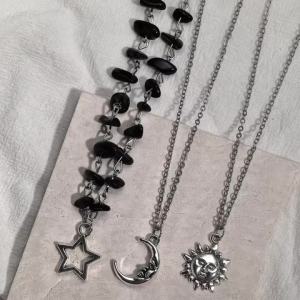 3-Piece Y2K Black Agate Rubble Star Sun and Moon Pendant Necklace Set Suitable for Parties and Daily Wear