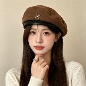 PHANT Y2K Star Beret Woolen British Style Painter Hat Fashion Pu Leather Octagonal Hat Ladies