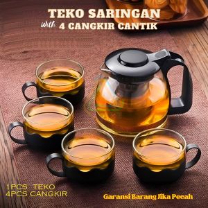 Teko Kaca Teapot Teh Set Mewah 1 Paket 5 in 1 Hampers Souvenir Kettle 950ml dengan 4pcs Gelas Cantik
