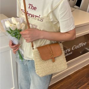 YUCHEN ic Button Woven Saddle Bag Retro Bohemian Style Weave Shoulder Bag Casual Lightweight Straw Crossbody Bag Girls