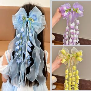 BELLETEN Bell Orchid Ribbon Hair Clip Long Ribbon Large Bow Bow Hair Clip Soft Mesh Sweet Headband For Girls