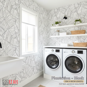 EZ Art Wallpaper 10M*45CM Plantation leaves black & white Design PVC Self adhesive Waterproof Textured Accent Waterproof PVC Wallpaper decor decoration paper design for closet cabinet door wall and furniture