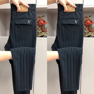 Summer new mens high-end plush casual pants with striped color blocking business versatile straight leg pants boutique small leg pants