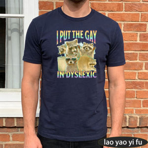 [Local Stock] HBESTY  Rainbow Text Raccoon Funny Slogan Print T-Shirt Men Cotton Crew Neck Summer Daily Casual Humor Short Sleeve Tee