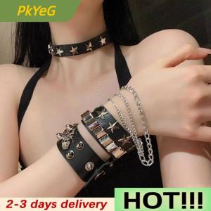 PkYeG Punk Gothic Skull Bracelet Chains Metal Spikes Rivet PU Leather Wristband Cuff Bangle Wide Cuff Bracelet Women Men Jewelry