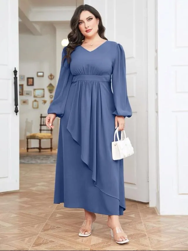 Plus Size Formal Dress Long Sleeve V Neck High Waist Plain Maxi Korean  Fashion Dresses For Women