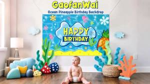 Hantar dari gudang tempatanPineapple Birthday Banner Backdrop - XtraLarge Happy Birthday Party Backdrop with Jellyfish Seaweed Print for Kids Blue Vibrant Undersea Photo Background Summer Party Decor Supplies
