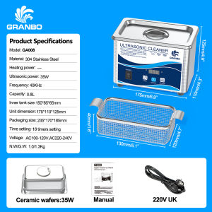 Granbo Ultrasonic Cleaner 2L 40KHz 60W/35W Digital Sonic Cavitation Machine Desktop Ultra Sonic Cleaner for Personal Care Jewelry Glasses Aligners