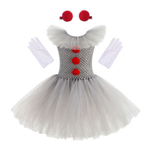Girls Halloween Gray Joker Costume Hand Woven Tutu Dress Creepy Clown Kids Carnival Party Cosplay Clothing Children Tulle Dress