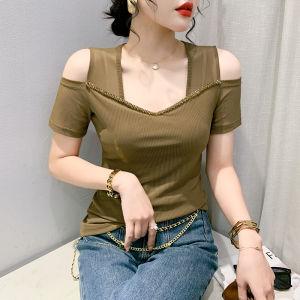 YIMEI Hở Vai Gợi Cảm Hạt Đính Móng Tay Mỏng 2023 Mới Mùa Hè Nữ Làm Bằng Tay Cho Nữ Hàng Đầu Áo Phông Tay Ngắn Áo Lưới