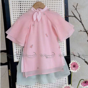 Áo dài cách tân bé gái hoạ tiết hoa nhí tai thỏ áo dài tết cho bé gái sắc hồng size 10-30kg