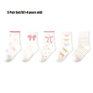 WININ 5 Pair Set In họa tiết Tất trẻ em Nơ xếp ly Bông Tất ống ngắn Dễ thương Đàn hồi mềm mại Tất thể thao trẻ em Trang phục hàng ngày