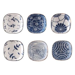 SWEET TIM 2/6Pcs Ceramic Dipping Bowls Vintage Blue Japanese Style Small Serving Bowls Handmade Flowers Small Side Dishes Kitchen