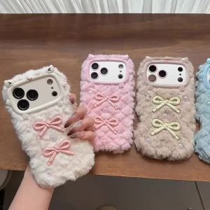 3D Bowknot Pearl Grid Pattern Fluffy Plush Fur Phone Case For iPhone 17promax 16 15 14 Plus 13 Pro Max Air Soft Silicone Covers