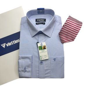 Áo sơ mi dài tay Việt Tiến xanh chấm họa tiết 1R6775 - Regularfit vạt bầu