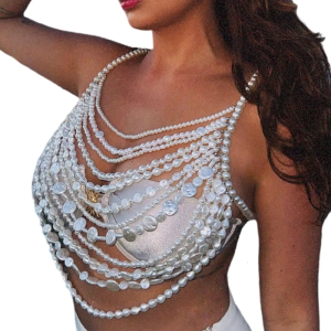 Pearls Body Chain Bra Necklace Crop Top for Women Chest Chain Multi Layer Beaded Backless Festivals Party Body Jewelry