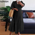 VONDA Women Fashion Solid Color Pleated Tunic Long Maxi Dresses V Neck Ruffled Hem Button Up Puff Sleeve Vestido (Plus Size). 