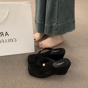 Free Shipping New Black Square-Toe Wedge Sandals For Women Perfect For Summer Wear 20I26 New Style Goes Well With Dresses Thick Sole For Added Height