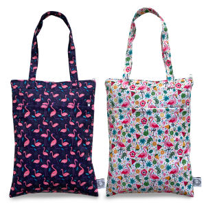 FLOCK THREE 2pcs Bundle Tote Bag Wet/Dry Bag Waterproof Reusable Wet Clothes Baby Diapers Stroller Swimsuit Travel Small Larger Electronics Toiletries Pouch