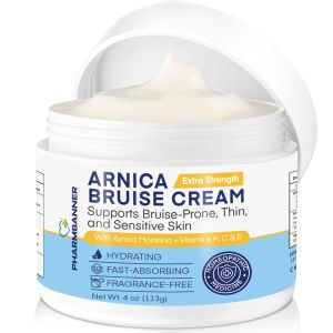 PHARMBANNER Arnica Bruise Cream Extra Strength – Fast-Acting Arnica Montana with Vitamins K C & E for Bruising Swelling Discoloration & Thin Skin – Hydrating Moisturizer for Face & Body – 4 oz
