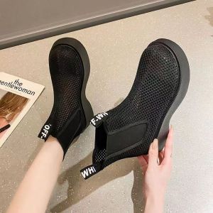 ZEEMIN 2023 New Summer Womens Mesh Hollow Out High Top Thin Boots Thick Sole Non Slip Breathable Slip-On Ankle Boots Work Boots