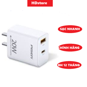 Cóc sạc nhanh Pisen 20W 2 cổng USB + Type C chín hãng Sạc Nhanh An Toàn Siêu Bền