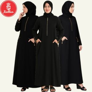 Abaya Gamis Haji dan Umroh Elegan Jetblack Premium Abaya Dubai Zipper Saku Love Terbaru - XELLEA