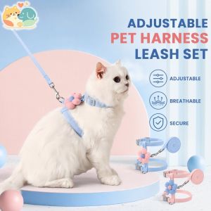 Adjustable Breathable Reflective Pet Harness Leash Cute Flower For Cat Dog Outdoor Walking Blue Pink Soft