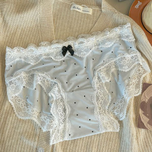 Summer Ice Silk Seamless Mid-Waist Girls Panties with Pure Desire Bowknot Lace Trim Thin Breathable Polka Dot Triangle Briefs