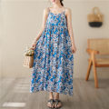 PM✿ Summer loose floral suspender dress women retro vacation mid-length dress. 