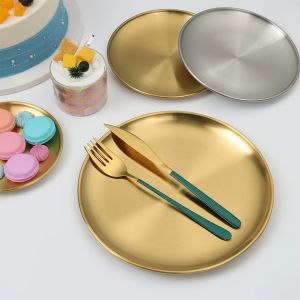 Western Steak Round Tray Eco-Friendly Stainless Steel Dinner Plates Gold Dishes Round Plate Tablewar