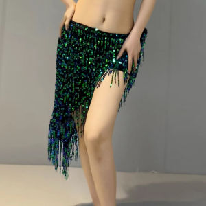 Womens Sequin Fringed Skirt Rave Fringe Hip Scarf Festival Stage Performance Costume Sequin Belt Wrap Suit