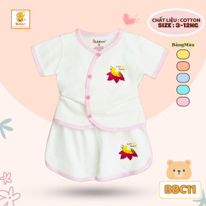 Bộ quần áo cotton Babiboo bộ sơ sinh tay ngắn cổ tim thể thao viền màu - BBC11