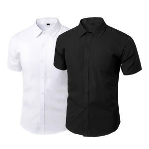 shiqinbaihuo เสื้อเชิ้ตสีขาวลำลองสำหรับผู้ชาย เสื้อเชิ้ตฤดูร้อนแขนสั้นติดกระดุม
